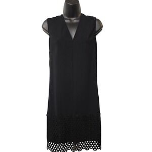 Lela Rose Black Sleeveless V-Neck Shift Dress Laser Cut Circle Hem Size 8